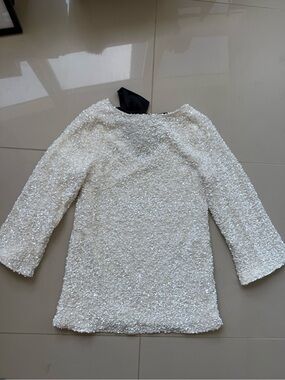 SHEIN White/Ivory Sequin Long Sleeve Mini Dress NYE Bow Back
